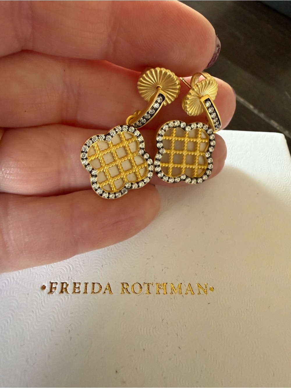 Freida Rothman Sterling Mother Of Pearl Quatrefoil Drop Earrings